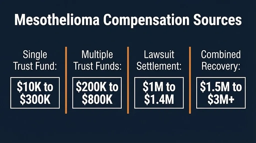 Mesothelioma compensation tiers showing ranges from single trust fund to combined lawsuit recovery.