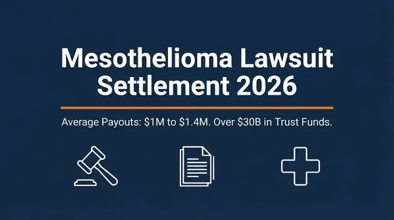 Mesothelioma lawsuit settlement 2026 banner showing average payout range and trust fund total.