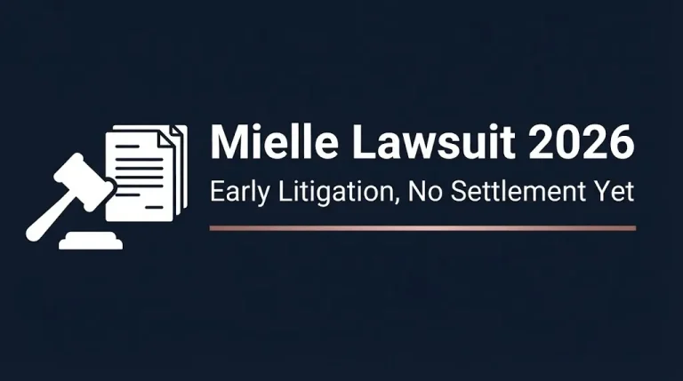 Mielle lawsuit 2026 banner showing early litigation status with gavel and document icons on navy background.