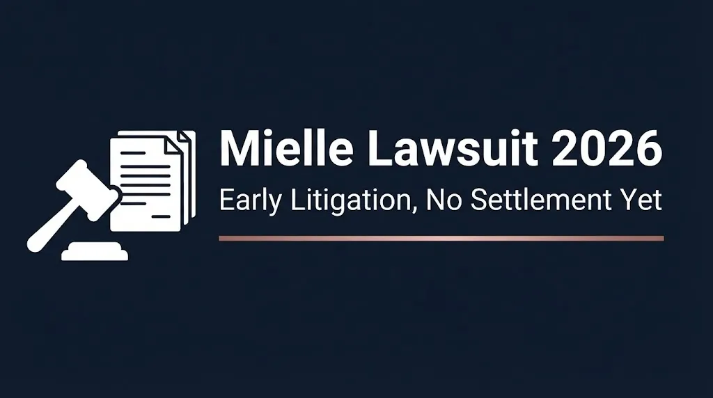 Mielle lawsuit 2026 banner showing early litigation status with gavel and document icons on navy background.