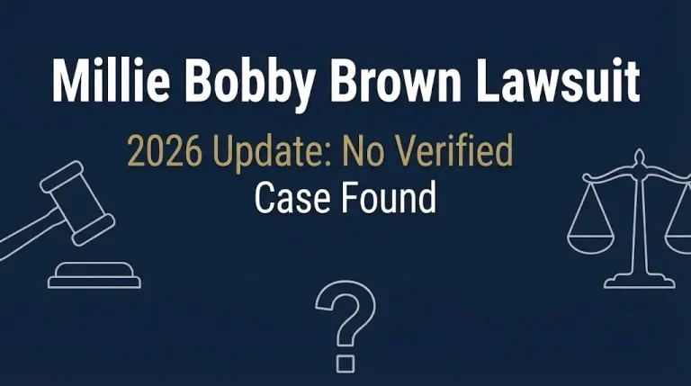 Millie Bobby Brown lawsuit search result with no verified case found on navy background with legal icons and question mark.