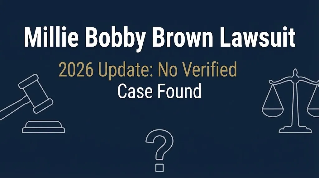 Millie Bobby Brown lawsuit search result with no verified case found on navy background with legal icons and question mark.