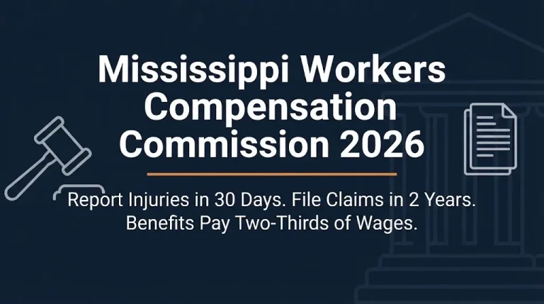 Mississippi workers compensation claim steps showing reporting injury to receiving benefits through the commission process.