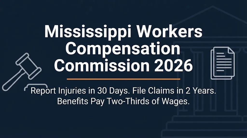 Mississippi workers compensation claim steps showing reporting injury to receiving benefits through the commission process.