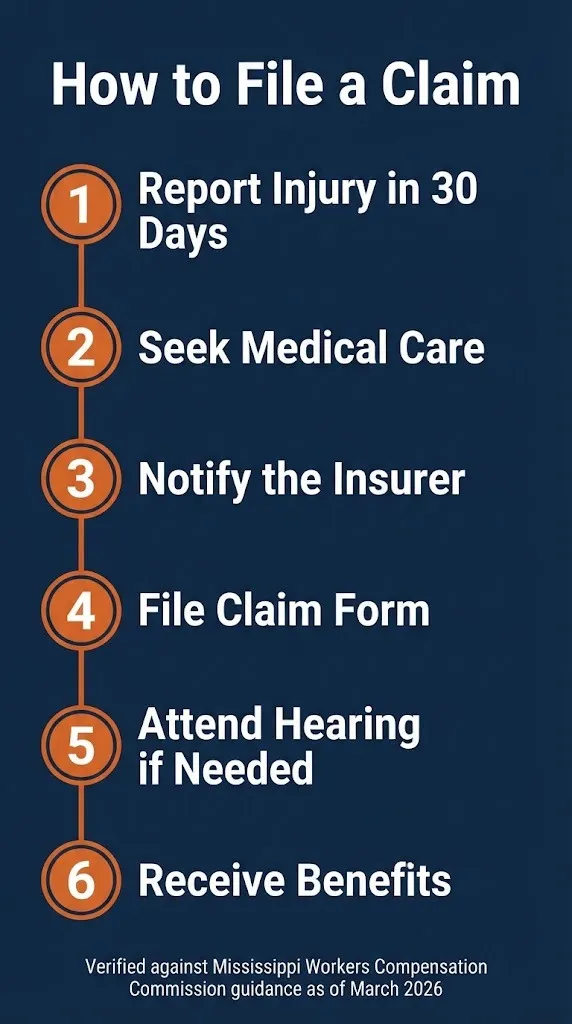 Mississippi workers compensation claim steps showing reporting injury to receiving benefits through the commission process.