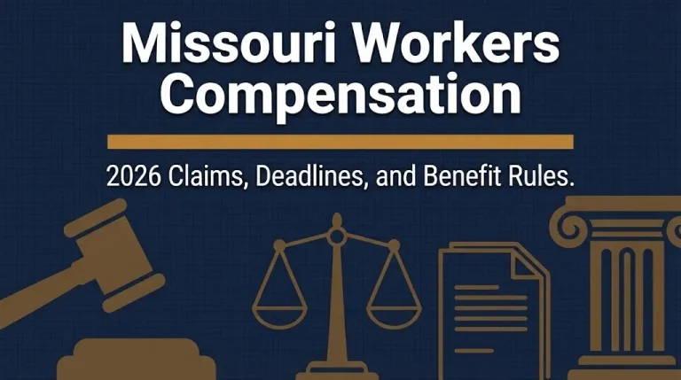 Missouri Workers Compensation 2026 banner showing legal symbols and key claim deadline information.