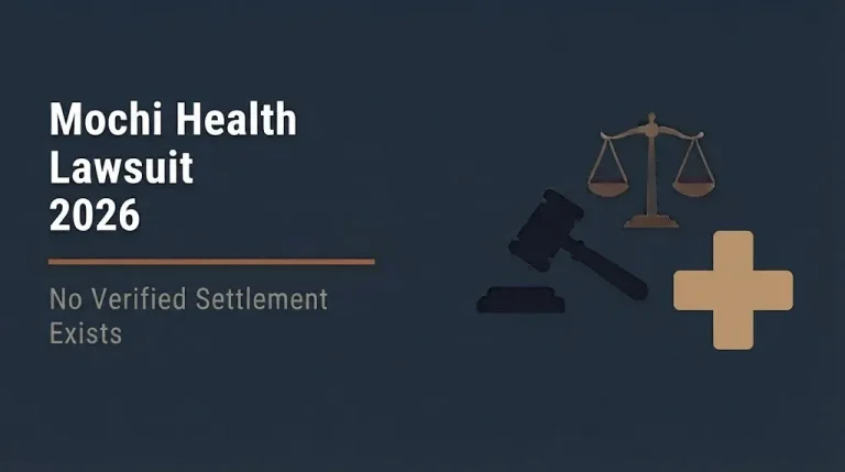 Mochi Health lawsuit 2026 banner showing no verified settlement exists with legal and medical icons.