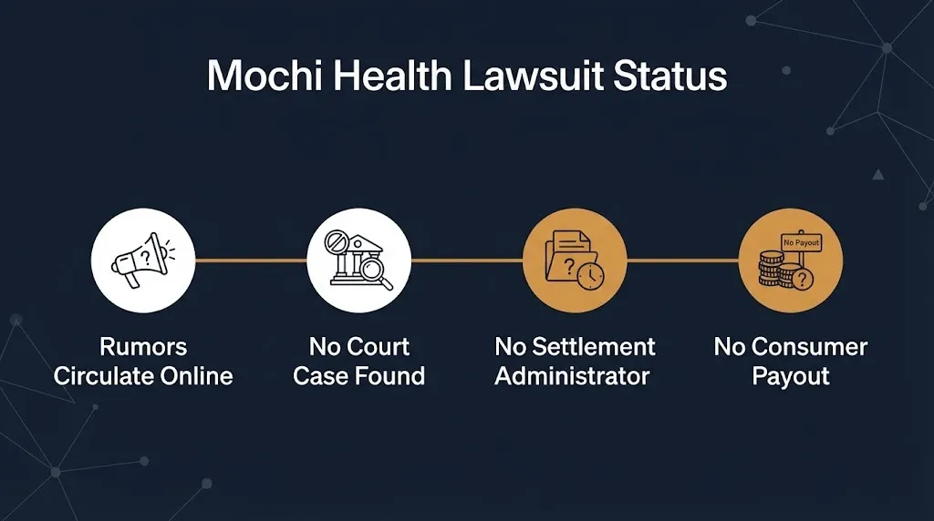 Mochi Health lawsuit status timeline showing no court case, no administrator, and no consumer payout.