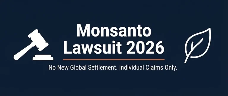 Monsanto lawsuit 2026 banner showing no new global settlement and individual claims only with legal agricultural symbols.