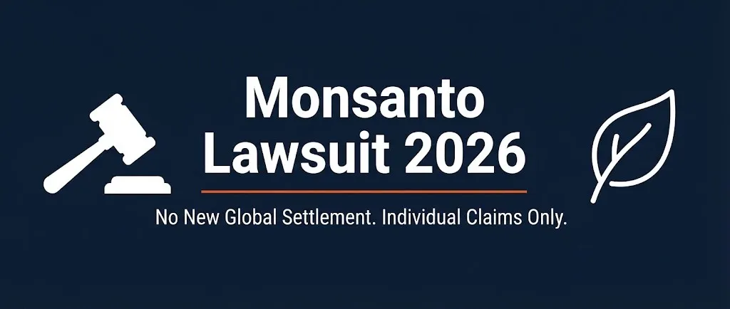 Monsanto lawsuit 2026 banner showing no new global settlement and individual claims only with legal agricultural symbols.