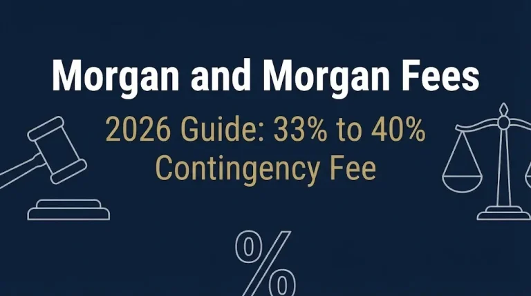Morgan and Morgan contingency fee range of 33 to 40 percent on navy background with legal icons and percentage sign.