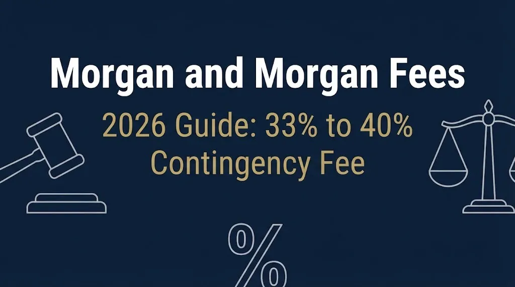Morgan and Morgan contingency fee range of 33 to 40 percent on navy background with legal icons and percentage sign.