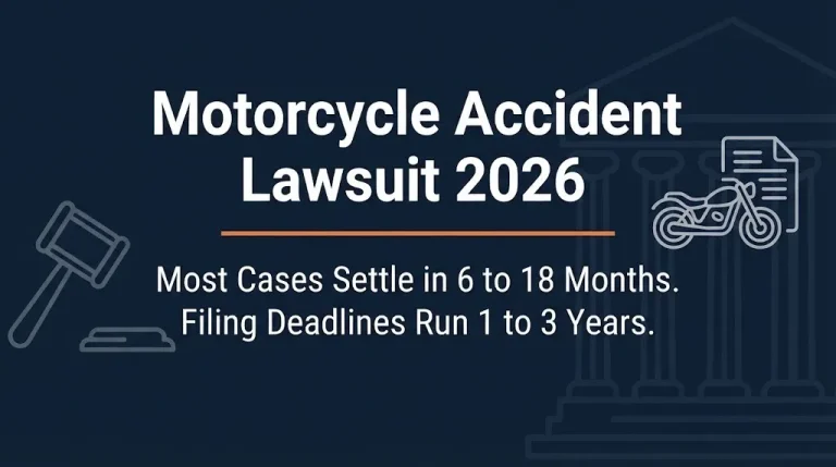 Motorcycle accident lawsuit 2026 banner showing settlement timeline and filing deadline with legal icons on navy background.