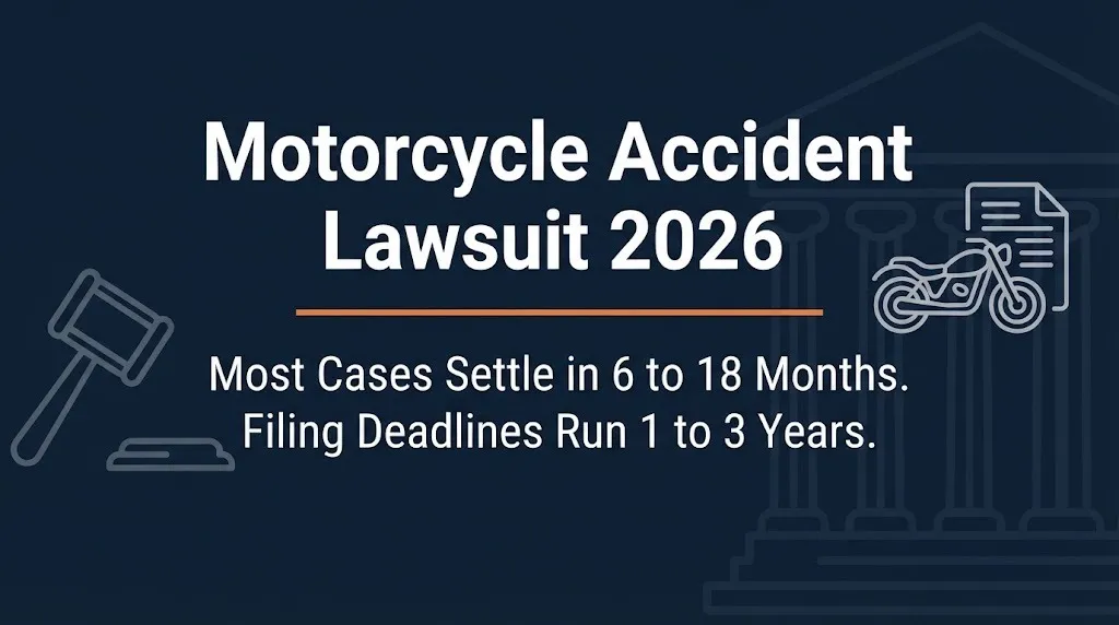 Motorcycle accident lawsuit 2026 banner showing settlement timeline and filing deadline with legal icons on navy background.