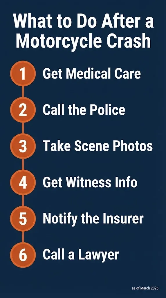 Motorcycle accident lawsuit steps graphic showing what to do after a crash from medical care to calling a lawyer.