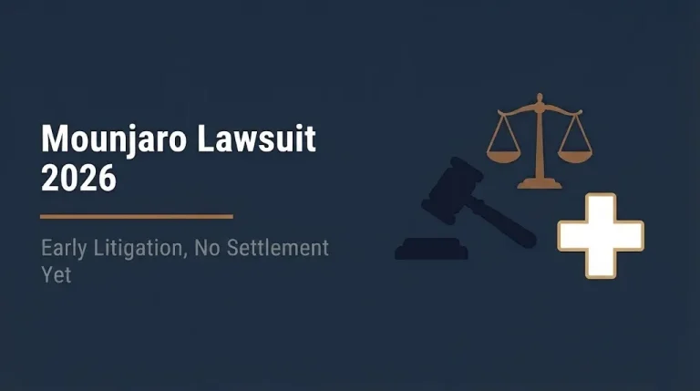 Mounjaro lawsuit 2026 banner showing early litigation with no settlement and legal icons