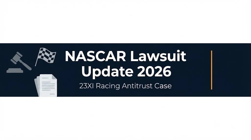 NASCAR lawsuit update 2026 banner showing 23XI Racing antitrust case status.