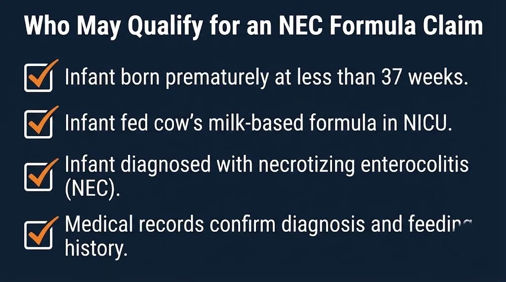 NEC baby formula lawsuit eligibility checklist with four qualifying criteria for premature infants.