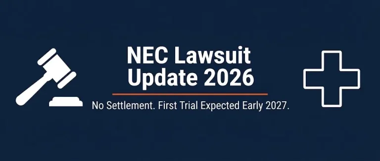 NEC lawsuit update 2026 banner showing no settlement status and expected first trial date with legal medical symbols.
