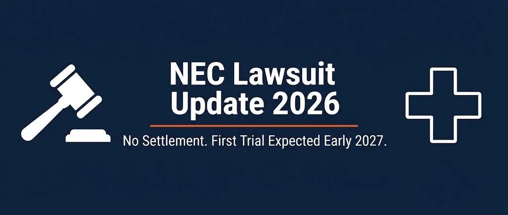 NEC lawsuit update 2026 banner showing no settlement status and expected first trial date with legal medical symbols.