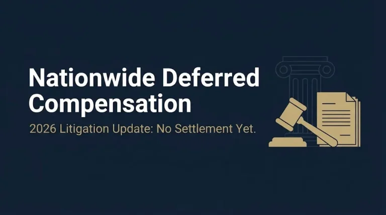 Nationwide deferred compensation 2026 litigation status graphic showing no settlement reached with legal document imagery.
