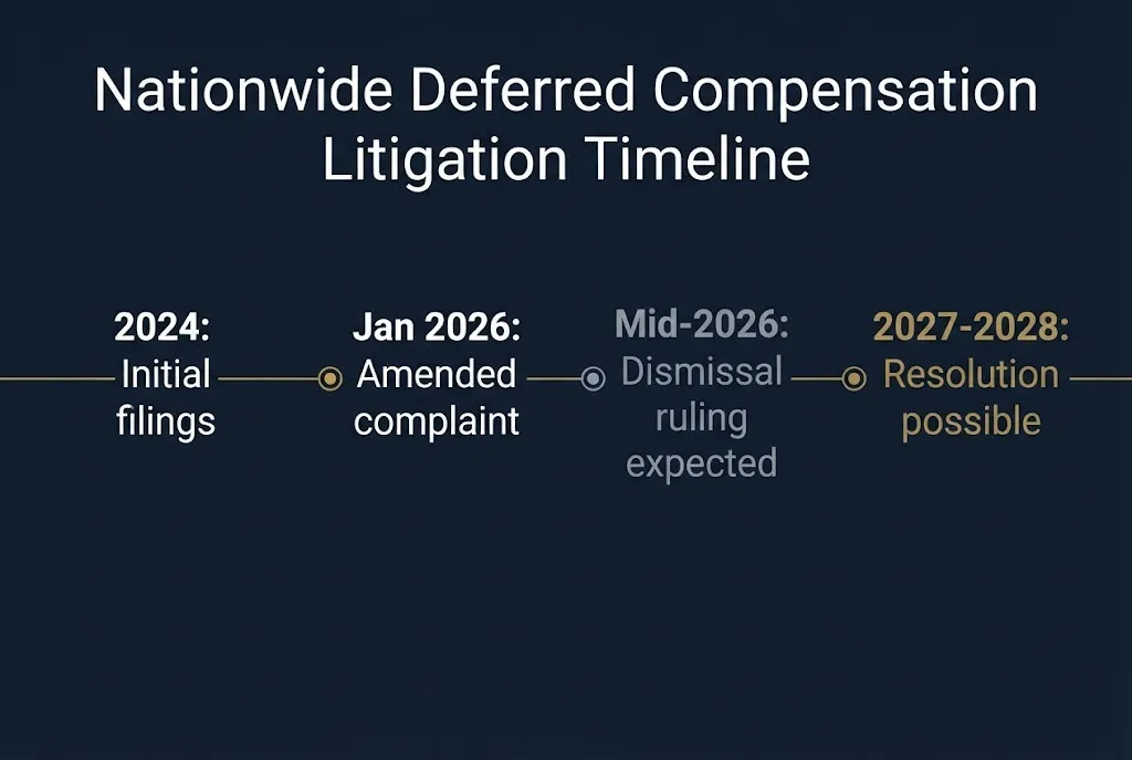 Nationwide deferred compensation lawsuit timeline from 2024 filing through expected 2027 resolution.