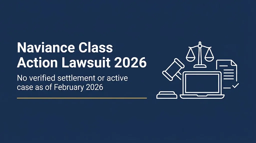Naviance class action lawsuit 2026 banner with gavel, scales, and laptop on navy background.