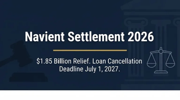 Navient settlement 2026 banner showing 1.85 billion dollar relief and July 2027 loan cancellation deadline with legal icons.