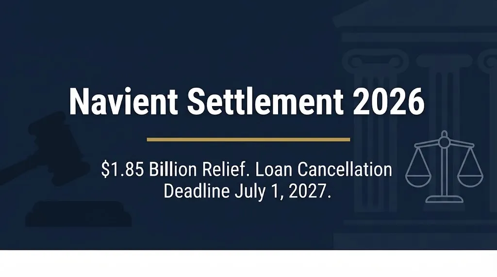 Navient settlement 2026 banner showing 1.85 billion dollar relief and July 2027 loan cancellation deadline with legal icons.