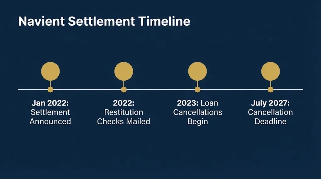 Navient settlement timeline showing 2022 announcement, restitution checks, loan cancellations, and July 2027 deadline.