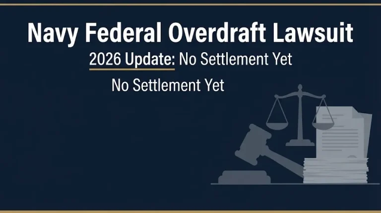 Navy Federal overdraft lawsuit 2026 update showing no settlement yet with legal illustration icons.