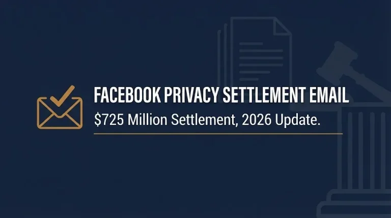Navy banner about the Facebook user privacy settlement email showing the $725 million settlement 2026 update.