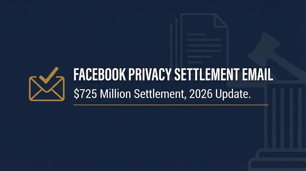 Navy banner about the Facebook user privacy settlement email showing the $725 million settlement 2026 update.