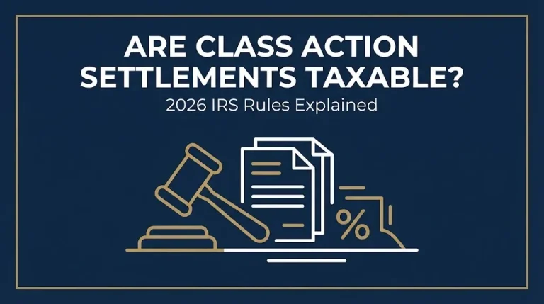 Navy banner asking are class action settlements taxable in 2026 with gavel and document icons.