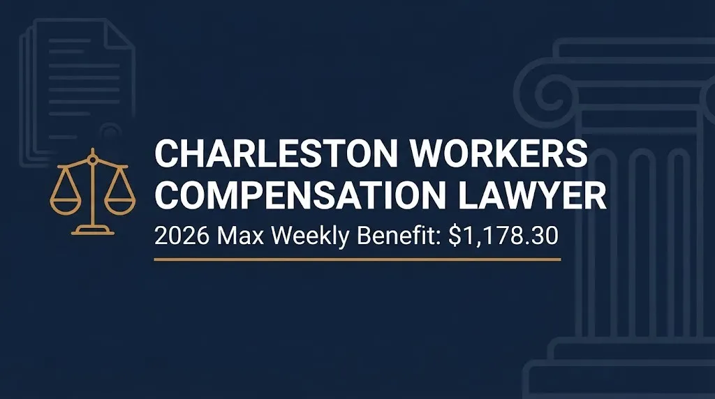 Navy banner for Charleston workers compensation lawyer guide showing the 2026 maximum weekly benefit of $1,178.30.