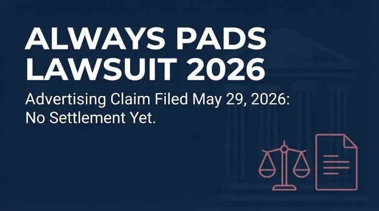 Navy banner reading Always pads lawsuit 2026 noting the advertising case filed May 2026 has no settlement yet.