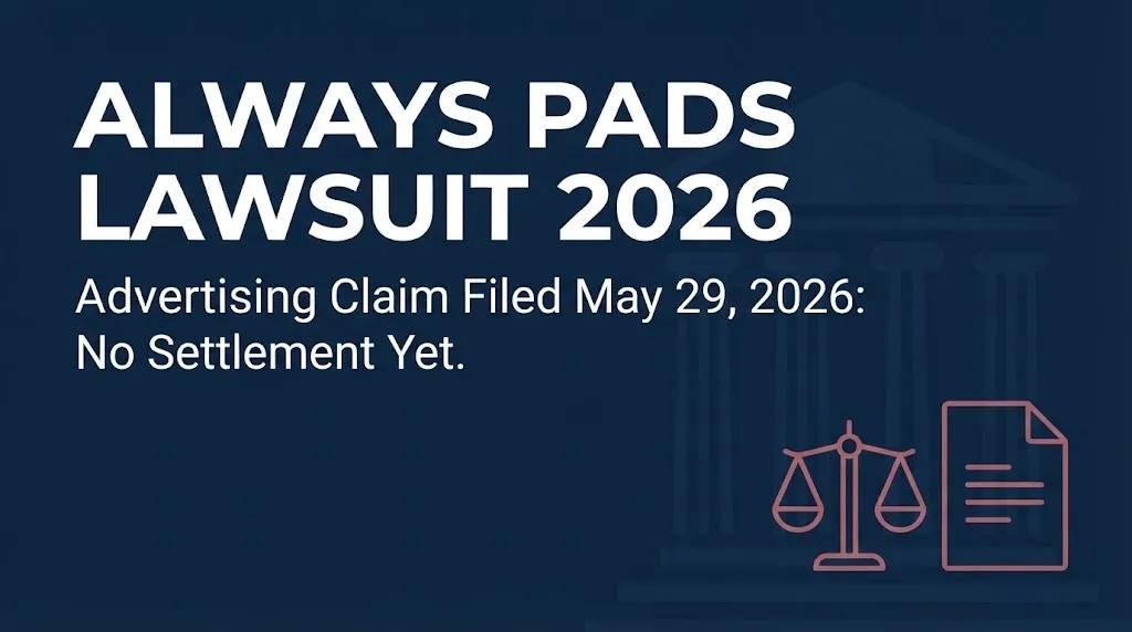 Navy banner reading Always pads lawsuit 2026 noting the advertising case filed May 2026 has no settlement yet.