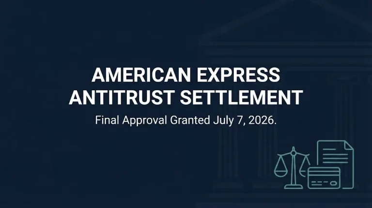 Navy banner reading American Express antitrust settlement with final approval granted July 7, 2026.