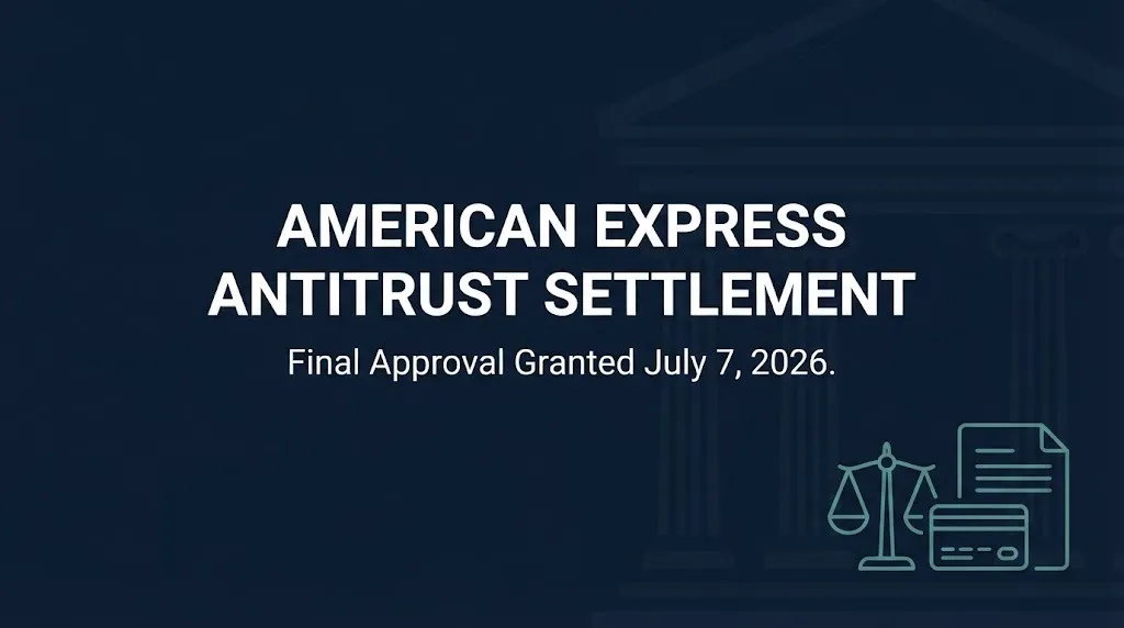 Navy banner reading American Express antitrust settlement with final approval granted July 7, 2026.