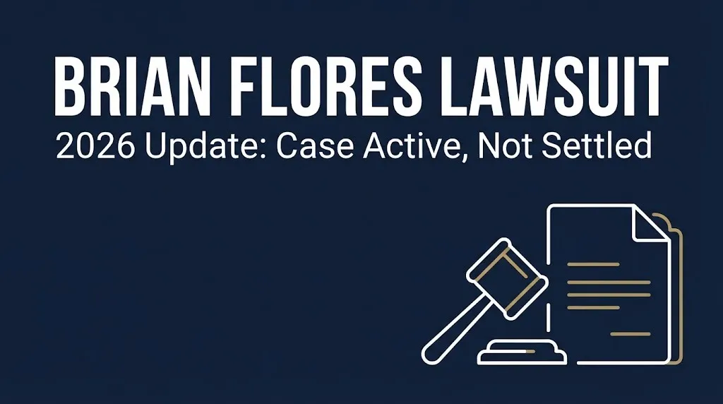 Navy banner reading Brian Flores lawsuit 2026 update noting the NFL case remains active and unsettled