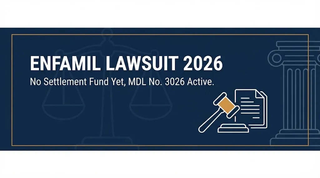 Navy banner reading Enfamil lawsuit 2026, no settlement fund yet, MDL No. 3026 active, with gavel icon.