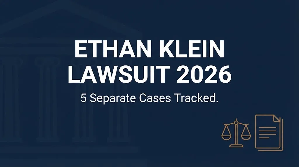 Navy banner reading Ethan Klein lawsuit 2026 noting five separate legal cases are being tracked.