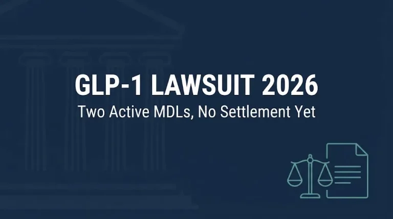 Navy banner reading GLP-1 lawsuit 2026 noting two active federal MDLs with no settlement reached yet.