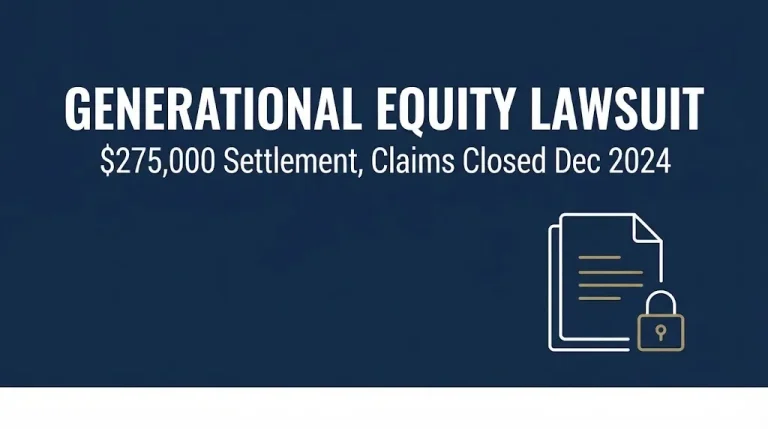 Navy banner reading Generational Equity lawsuit with subheading noting the 275000 settlement and closed claim deadline