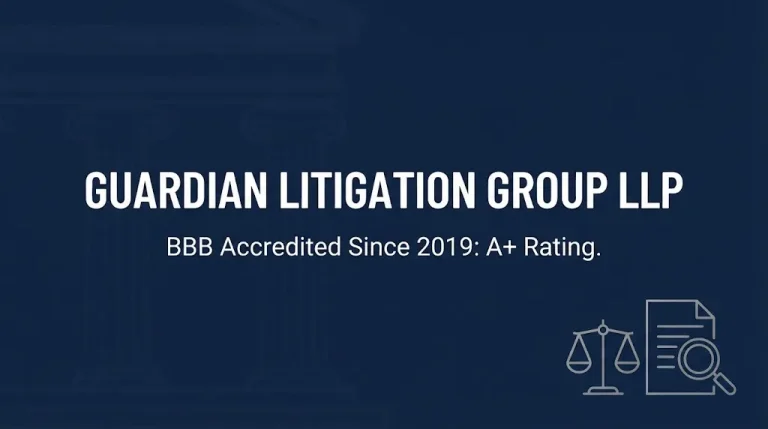 Navy banner reading Guardian Litigation Group LLP noting its A+ BBB rating and accreditation since 2019.