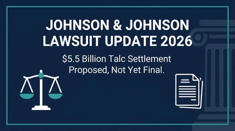 Navy banner reading Johnson and Johnson lawsuit update 2026, $5.5 billion talc settlement proposed, not final.