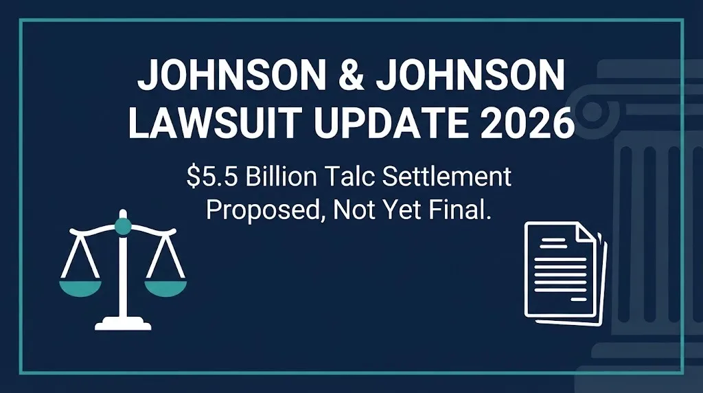 Navy banner reading Johnson and Johnson lawsuit update 2026, $5.5 billion talc settlement proposed, not final.