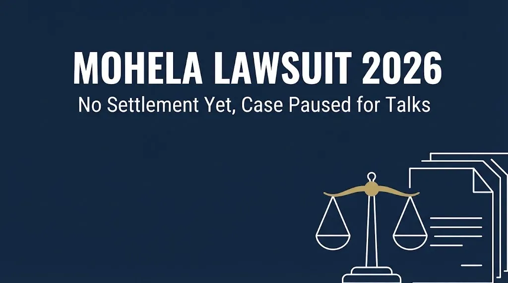 Navy banner reading MOHELA lawsuit 2026 with subheading noting the case is paused for settlement talks