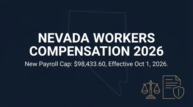 Navy banner reading Nevada workers compensation 2026 with the new $98,433.60 payroll cap effective October 1, 2026.