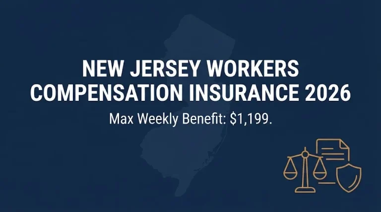 Navy banner reading New Jersey workers compensation insurance 2026 with the $1,199 maximum weekly benefit rate.
